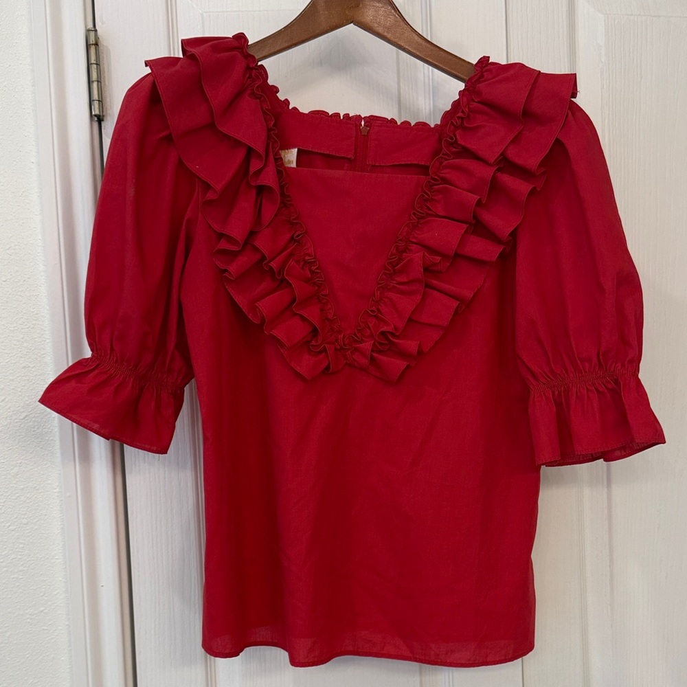Malco Modes Red Ruffle Blouse – Vintage Style Square Neck Top, Size Small